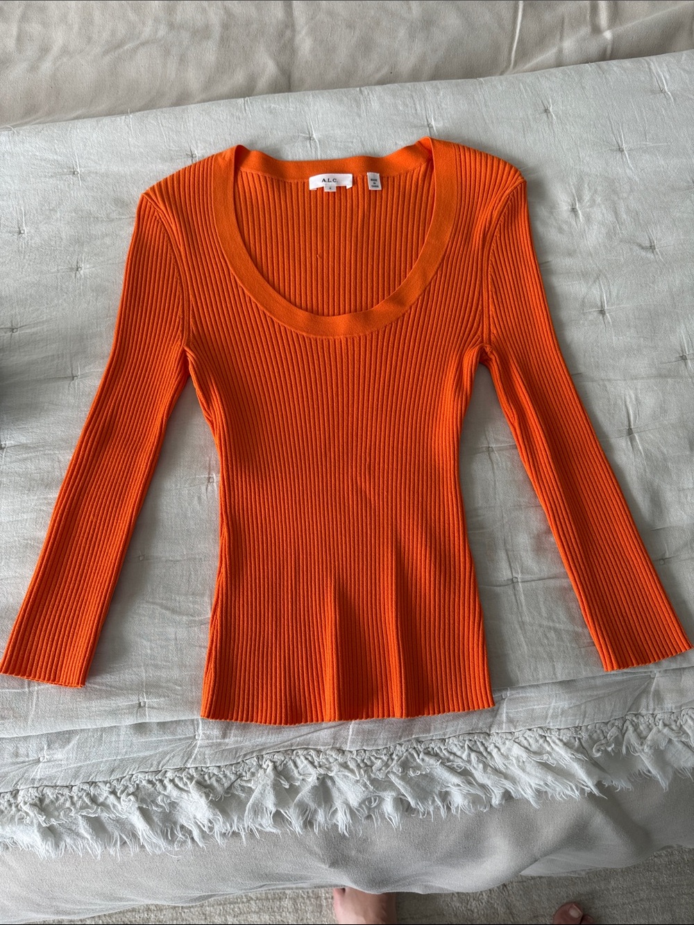 A.L.C. Long-Sleeve Ribbed Scoop Neck Top in Bright Orange